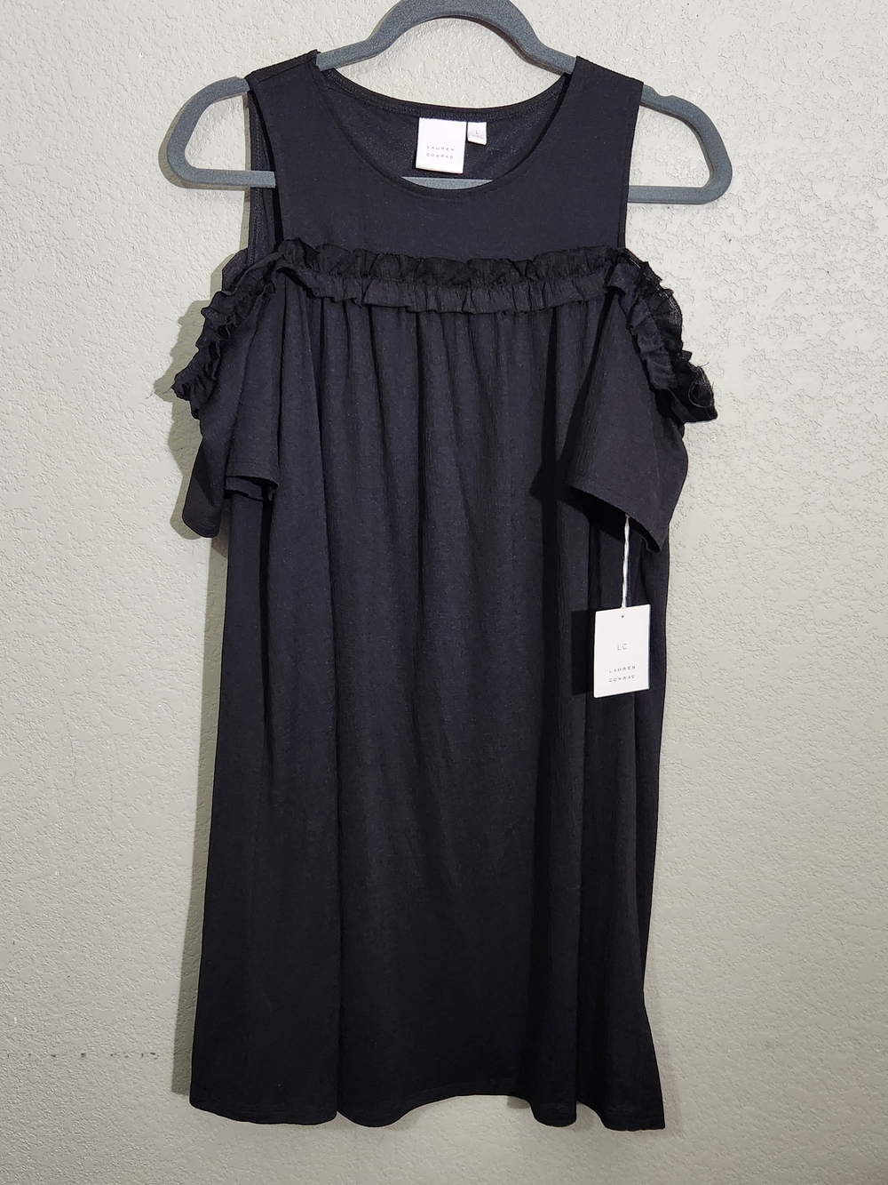 LC Lauren Conrad Black Cold-Shoulder Ruffle Knit Dress